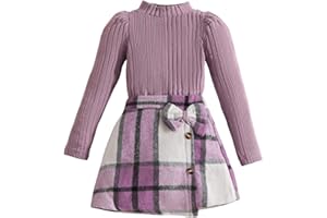 Axumity Toddler Kid Girls Plaid Outfits Girls Long Sleeve Knit Ribbed Shirt Tops Plaid Skirt Set Fall Winter Clothes