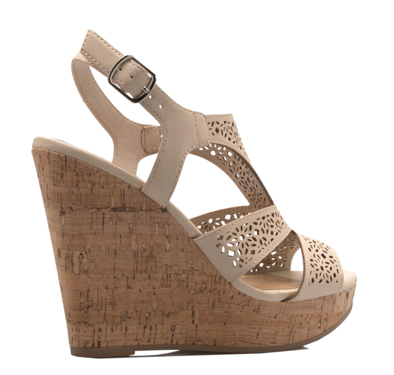 Olivia K Women's Open Toe T-Straps Strappy High Wedge Heel Wood Decoration Buckle Shoes Sandals - Image 4