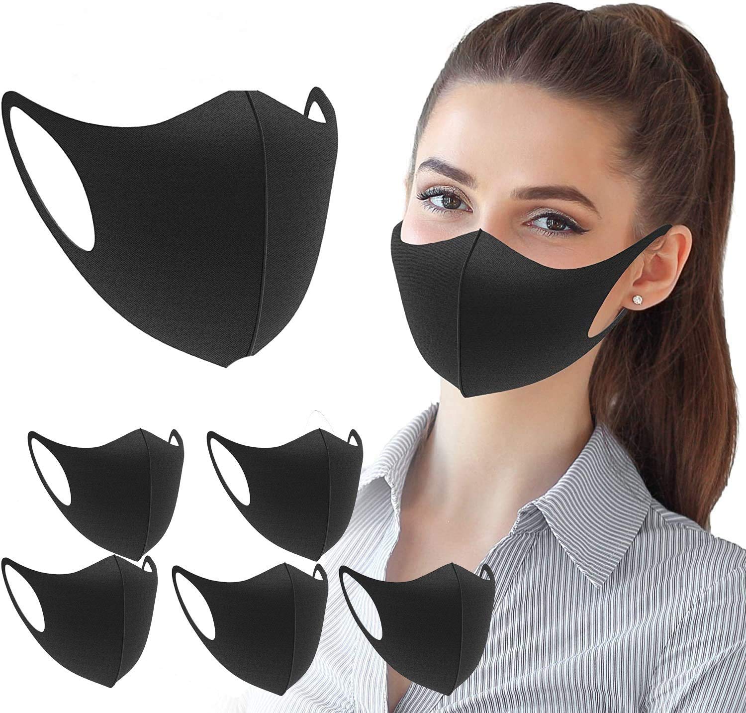 Boolavard 6 Pack Fashion Cloth Fabric Face Protection, Unisex Earloop Black Dust Reusable Washable