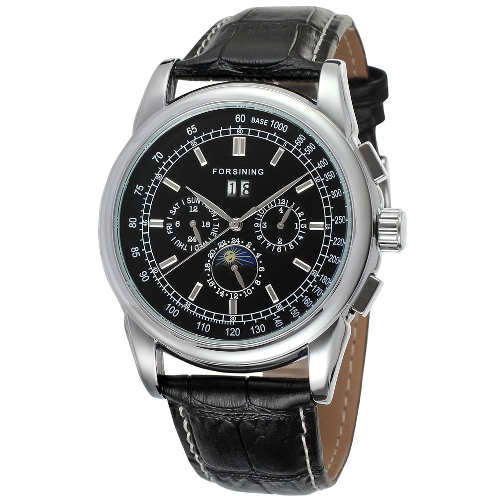 Forsining Men's Fashion Mechanical Self-Winding Analog Moon Phase Watch with Leather Strap