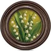 MOCHPEN Lily of The Valley Round Wall Art Decor, Vintage Floral Painting Artwork, Flower Wall Decoration for Bedroom Living Room Gallery, Cottagecore Home Accent, 5.7x5.7 Inch