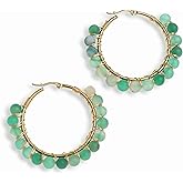 Agriajun Handmade Natural Stone Beaded Large Gold Chunky Hoop Earrings for Women Girls, Statement Boho Green Gemstone Beads Huggie Earrings Hypoallergenic Prom Holiday Jewelry Gift