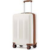 Kono Small 20 Inch Expandable Carry On Luggage with Quiet Spinner Wheels & TSA Lock, Scratch and Drop Resistant PC+ABS Hardside 22x14x9 Airline Approved Suitcase, Cream White & Brown