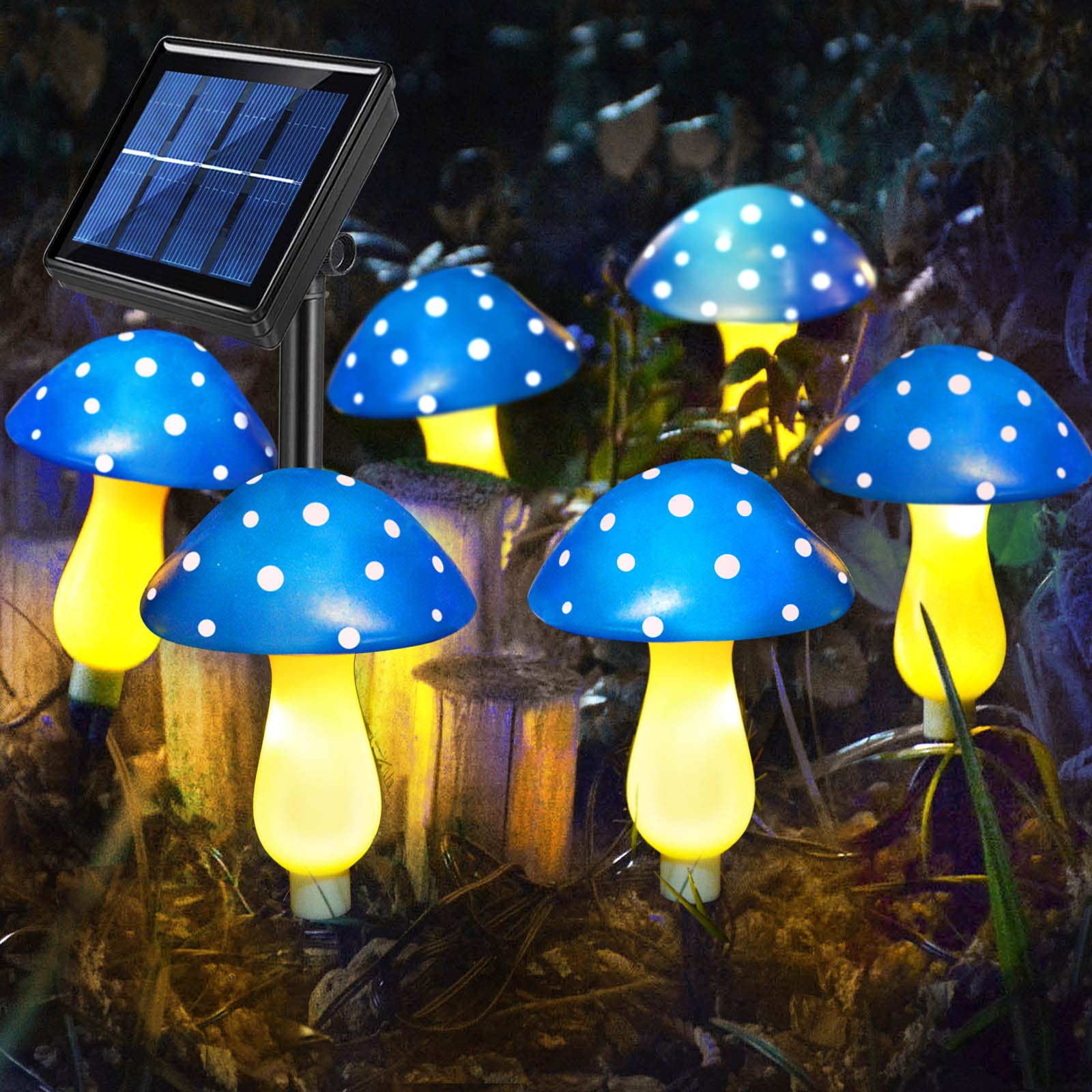 Abkshine Set of 6 Blue Solar Garden Lights, Solar Powered Mushroom Stake Lights for Outdoor Decor, Waterproof Garden Ornaments for Backyard Lawn Pathway Landscape Fence Christmas Halloween Yard Decor — image 1