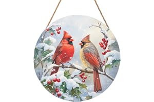 Harooni Winter Welcome Sign for Front Door, Cardinal Bird Wood Door Hanger for Outdoor Outside Porch, Christmas Cardinal Round Hanging Signs Holiday Decorations for Home Wall Porch Yard Farmhouse