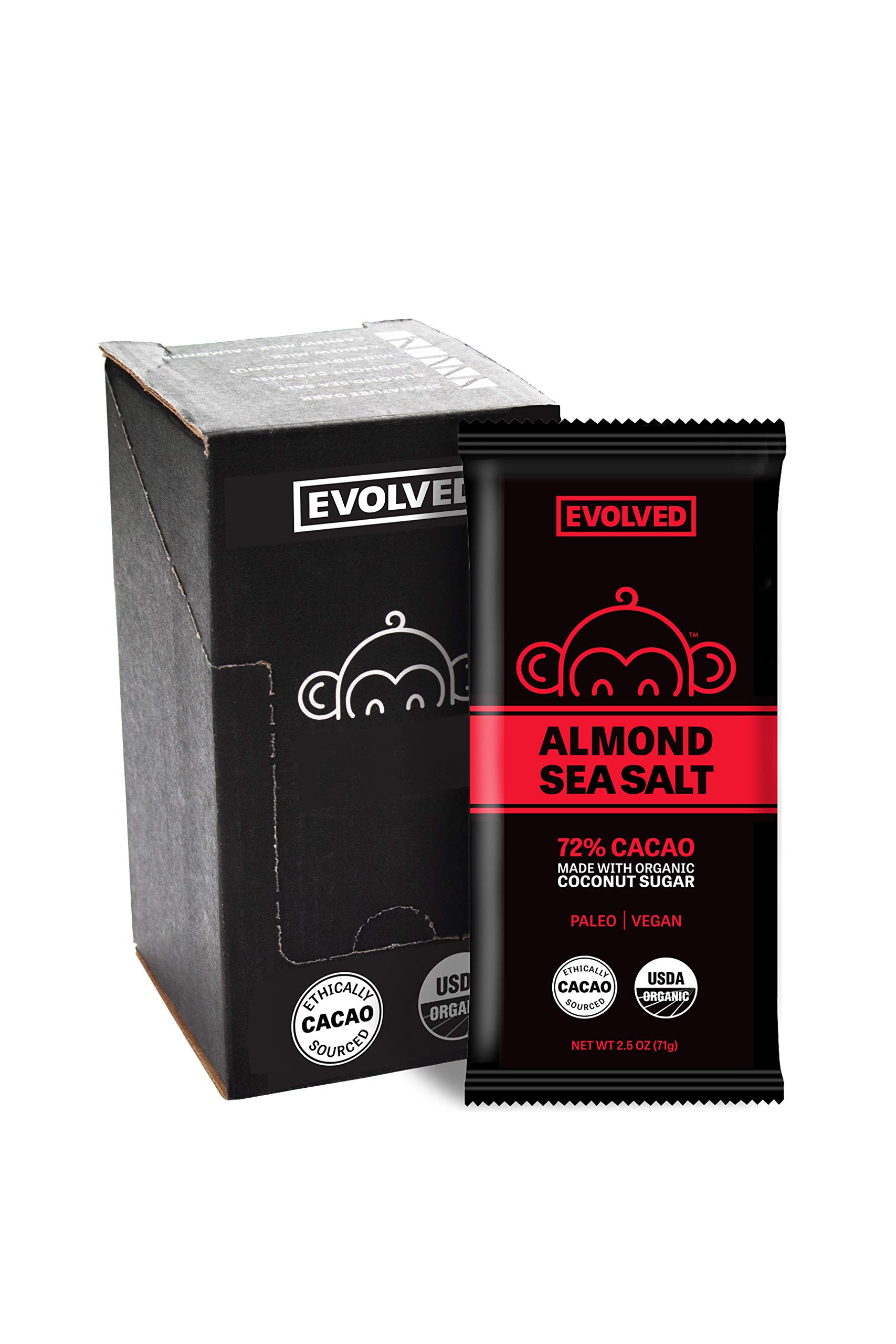 Evolved Chocolate Organic Almond Sea Salt Chocolate Bar 72 Cacao