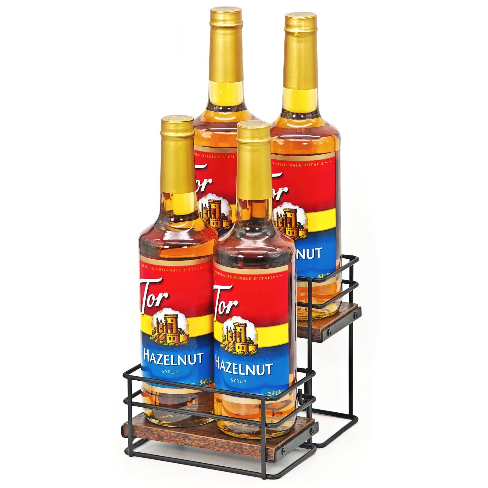 Photo 1 of 4 Bottle Coffee Syrup Organizer Rack, 2 Tier Coffee Syrup Bottle Stand Holder for Coffee Bar, Installation-free, Liquor Bottle Display Shelf, Coffee Syrup Shelf for Liquor Whiskey Wine Display