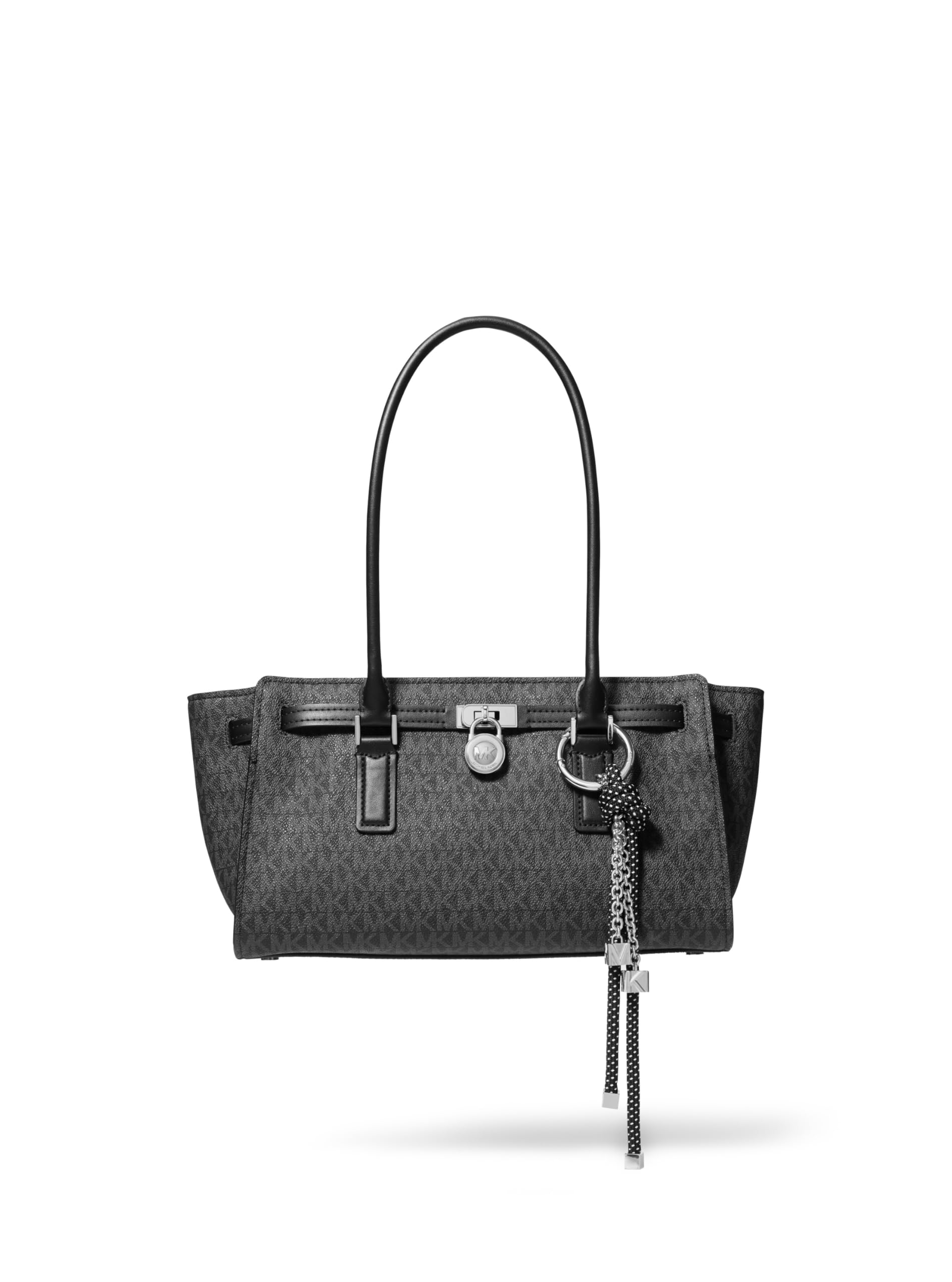 Michael Kors Hamilton Small Shoulder Tote with Charm, Silver-Tone Hardware/Tonal MK Signature Coated Twill/Black