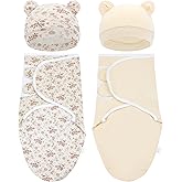Cinaci 2 Pack Adjustable Soft Cotton Blend Newborn Baby Receiving Swaddle Blankets Sleep Sacks with Nursery Hats Caps Beanies Bonnets for Baby Girls Boys Newborns Infants