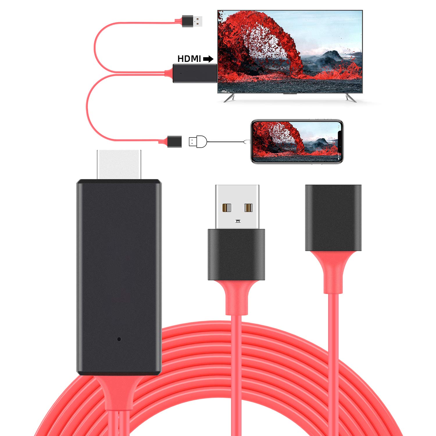 Tsemy HDMI to USB Adapter Cable, Wire Dongle Female to HDMI Male HDTV for Android OS Phone to TV Monitor Projector (Red)