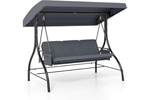 Tangkula 3 Person Porch Swing, 2-in-1 Convertible Outdoor Swing with Adjustable Canopy, Removable Cushions, Metal Frame, Side
