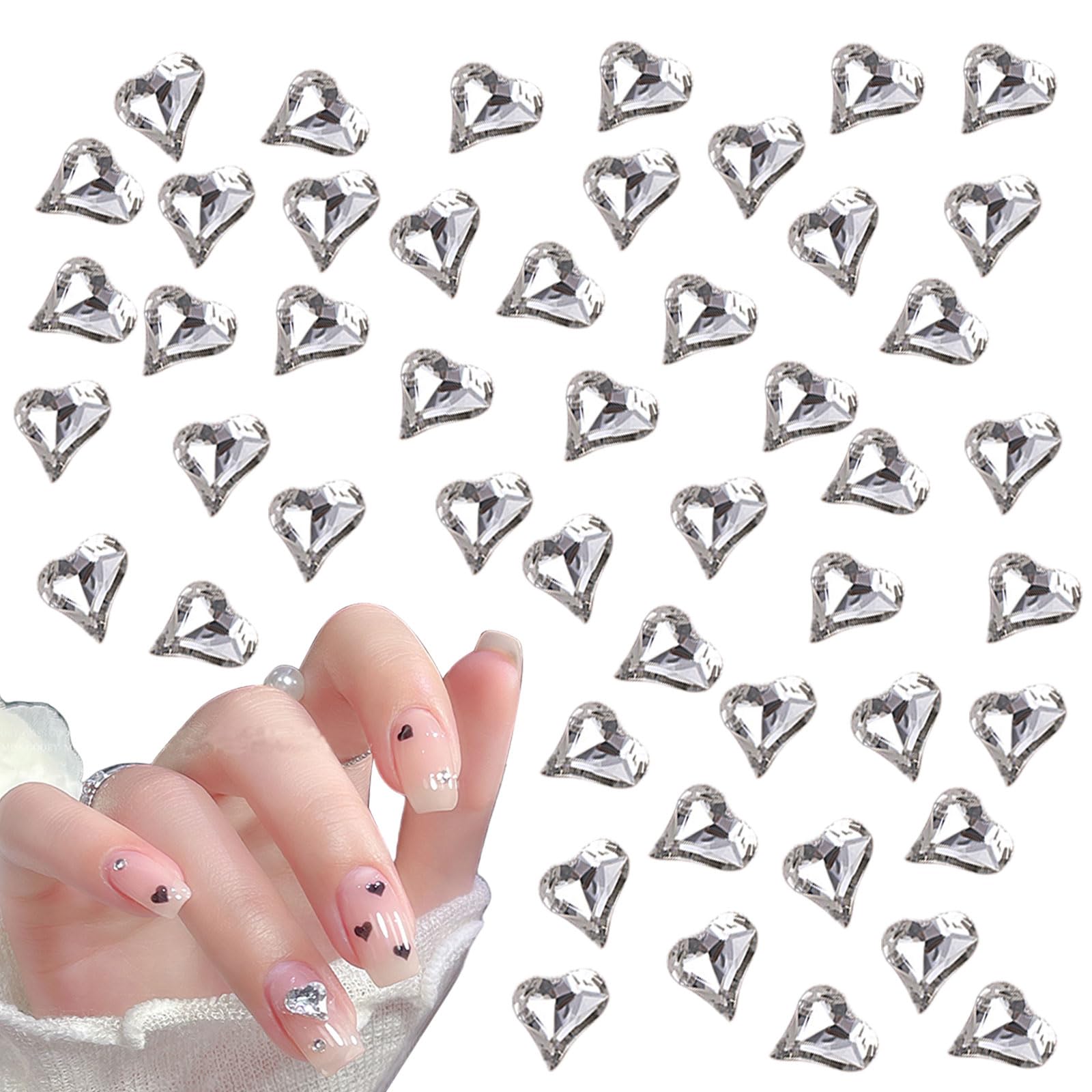 Heart Nail Rhinestones, 30 Pcs 3D Love Heart Shaped Nail Charms Shiny Crystal Nail Art Rhinestones Gems Nail Art Decorations for DIY Crafts Jewelry Making (Clear)