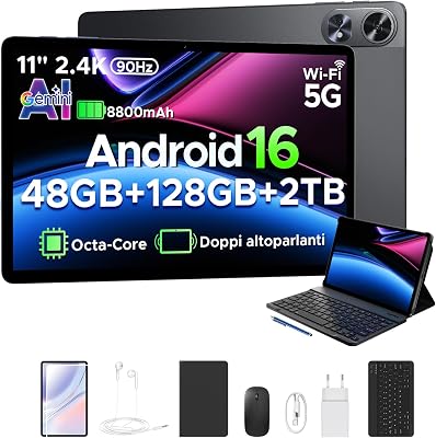 P11 Pro Tablet Android 16,2.4K 90Hz Tablet 11 Pollici con Gemini AI, 48 GB RAM + 128 GB ROM,T7250 Octa-Core, 13 MP + 5 MP, 8800mAh, Wi-Fi 5G, Cuffie, Tablet con Tastiera e Penna, Mouse, Nero