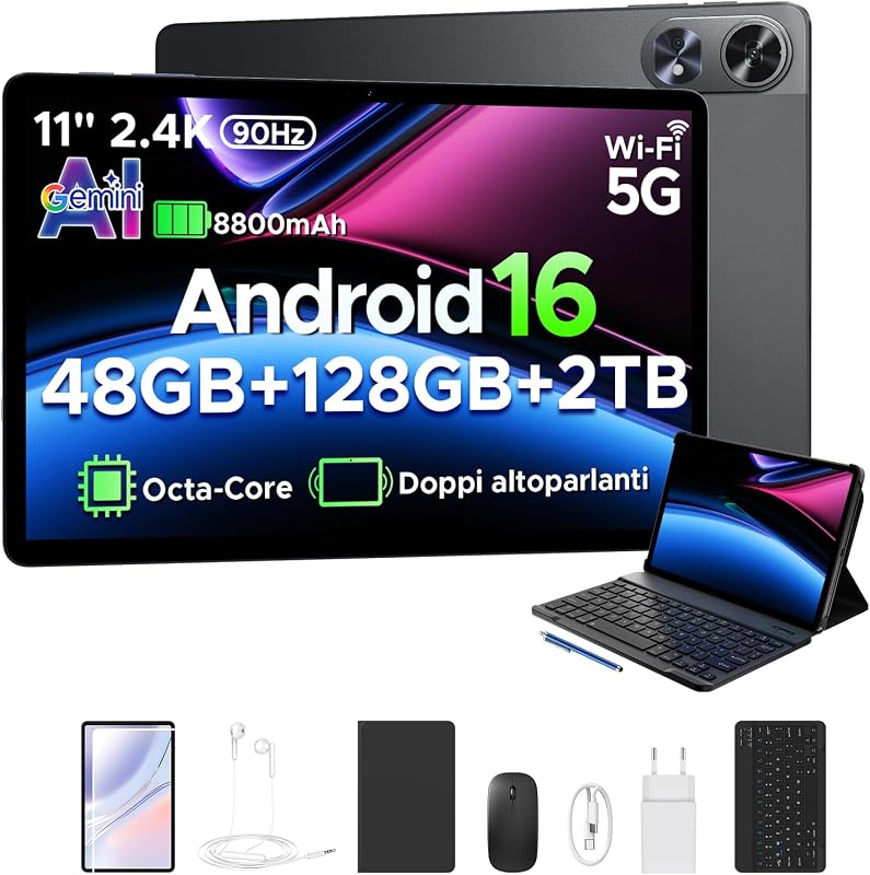 P11 Pro Tablet Android 16,2.4K 90Hz Tablet 11 Pollici con Gemini AI, 48 GB RAM + 128 GB ROM,T7250 Octa-Core, 13 MP + 5 MP, 8800mAh, Wi-Fi 5G, Cuffie, Tablet con Tastiera e Penna, Mouse, Nero