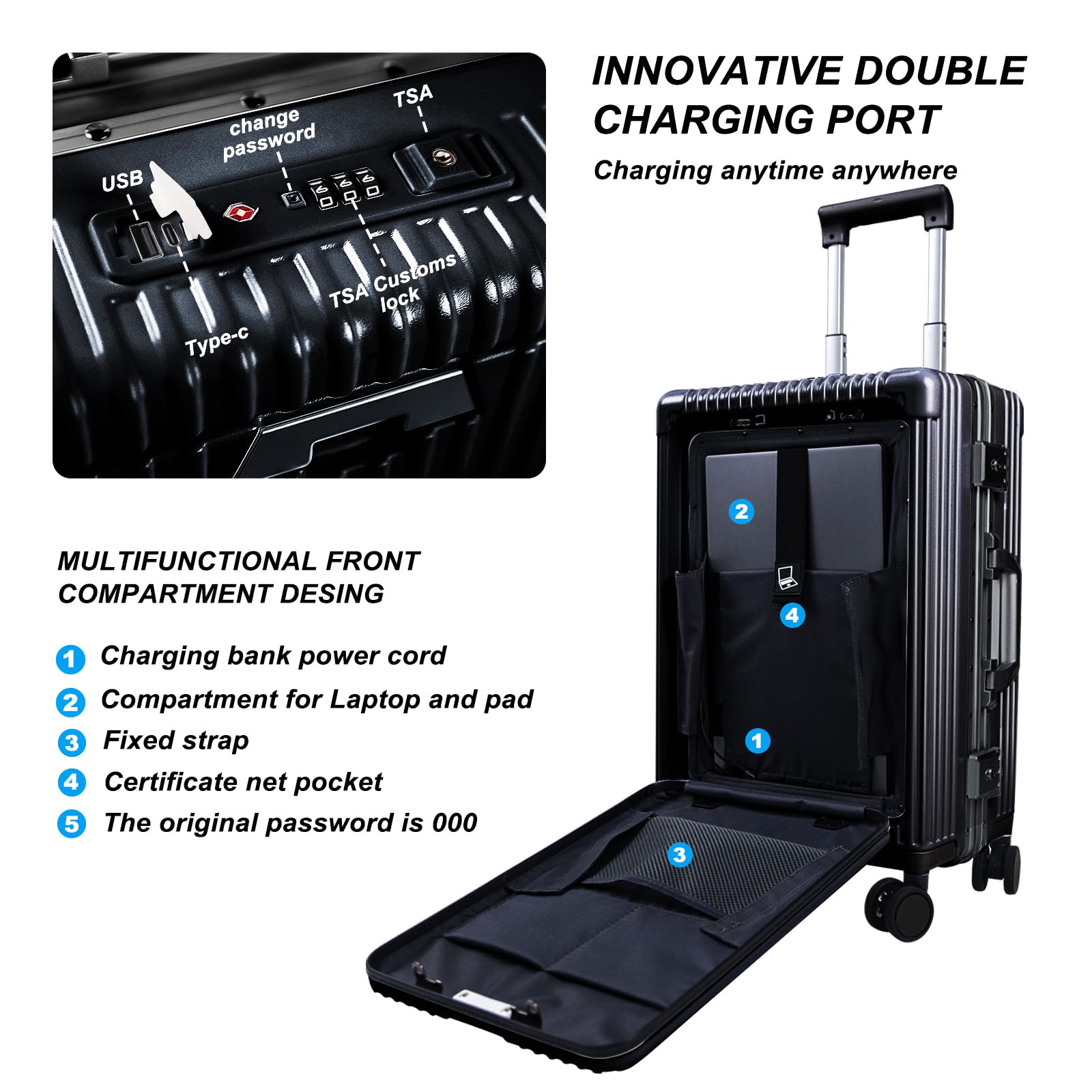 Carry On Luggage with Cup Holder and Usb Port, Aluminum Frame, Front Compartment, TSA Lock, 22x14x9 Airline Approved Hardside Suitcase with Spinner Wheels(Black, 20-lnch)