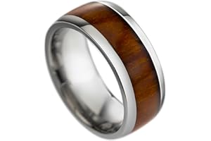 ALOHA JEWELRY COMPANY Tungsten Carbide Genuine Natural Hawaiian Koa Wood Tree Inlay Comfort Fit Ring 8mm 6mm 4mm Wedding Band Dome Style Scratch Resistant Weighted Hypoallergenic High Polished Finish with Gift Box Included