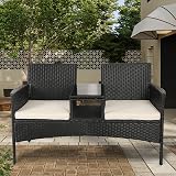 Panana Rattan Loveseat 2 Seater with Built-In Glass Table Black PE Wicker view 2