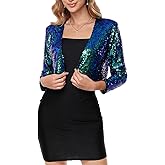 Women's Sequin Shrug Jacket Long Sleeve Open Front Glitter Blazer Bolero Wedding Party Sparkly Cropped Cardigan
