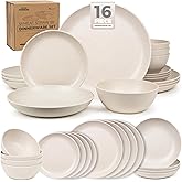 Grow Forward 16-piece Premium Wheat Straw Dinnerware Sets for 4 - Unbreakable Dishwasher & Microwave Safe Plastic Plates and Bowls Sets - Patio, Outdoors, RV, Camping Dishes - Sahara