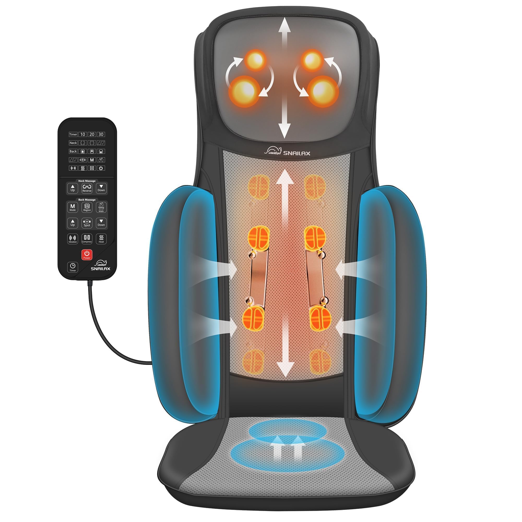 Photo 1 of **LOUD SOUND** Snailax Shiatsu Neck and Back Massager with Heat, Adjustable-Height Neck Massager Rollers Massage Chiar Pad with Vibration, Chair Seat Massager for Home, Office, Gifts for Men, Women