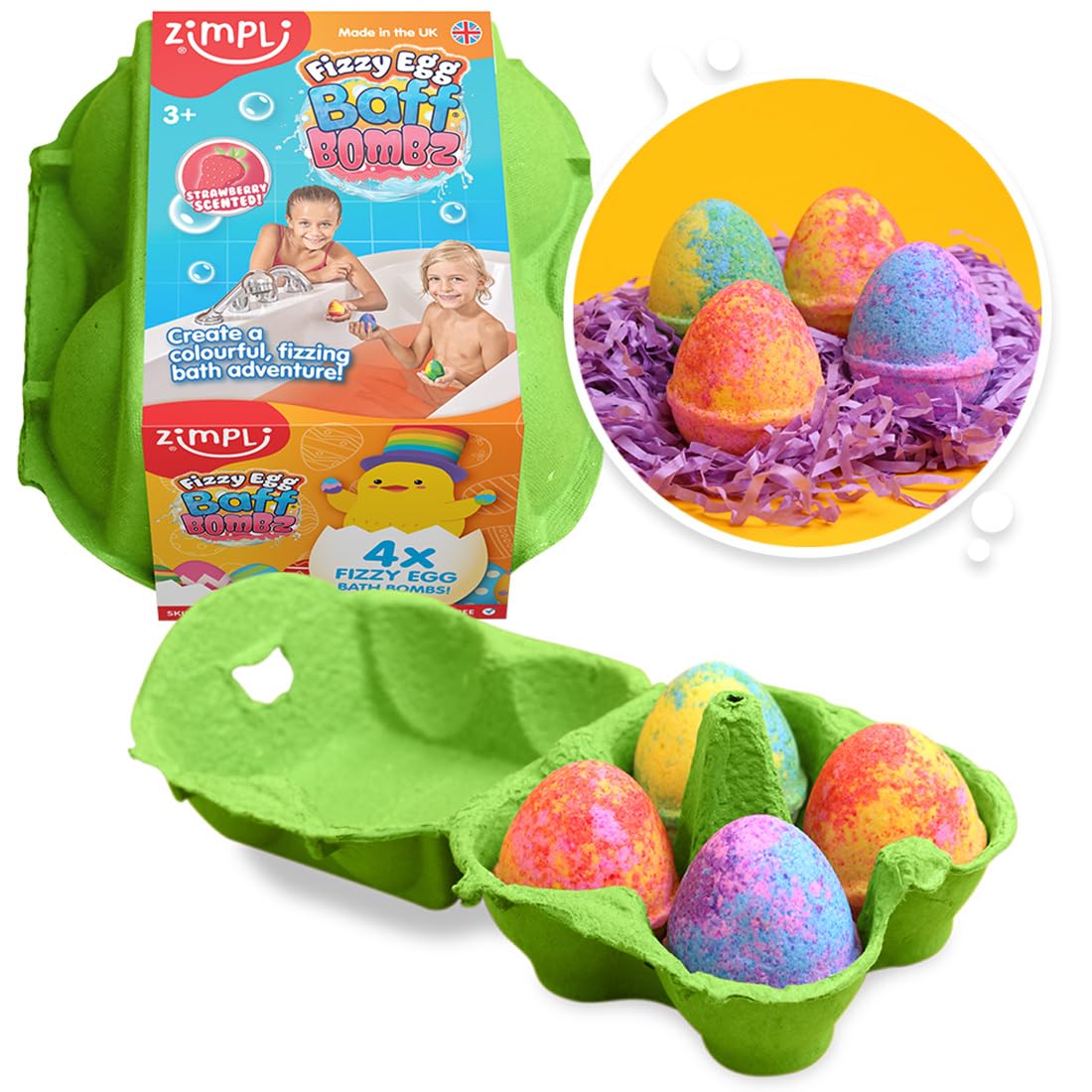 ZIMPLI - 4 x Fizzy Egg Baff Bombz, Alternative to Chocolate Treats, Bath Bombs Gift Set, Moisturising, Easter Gift for Boys Girls 4 5 6 7 8 9
