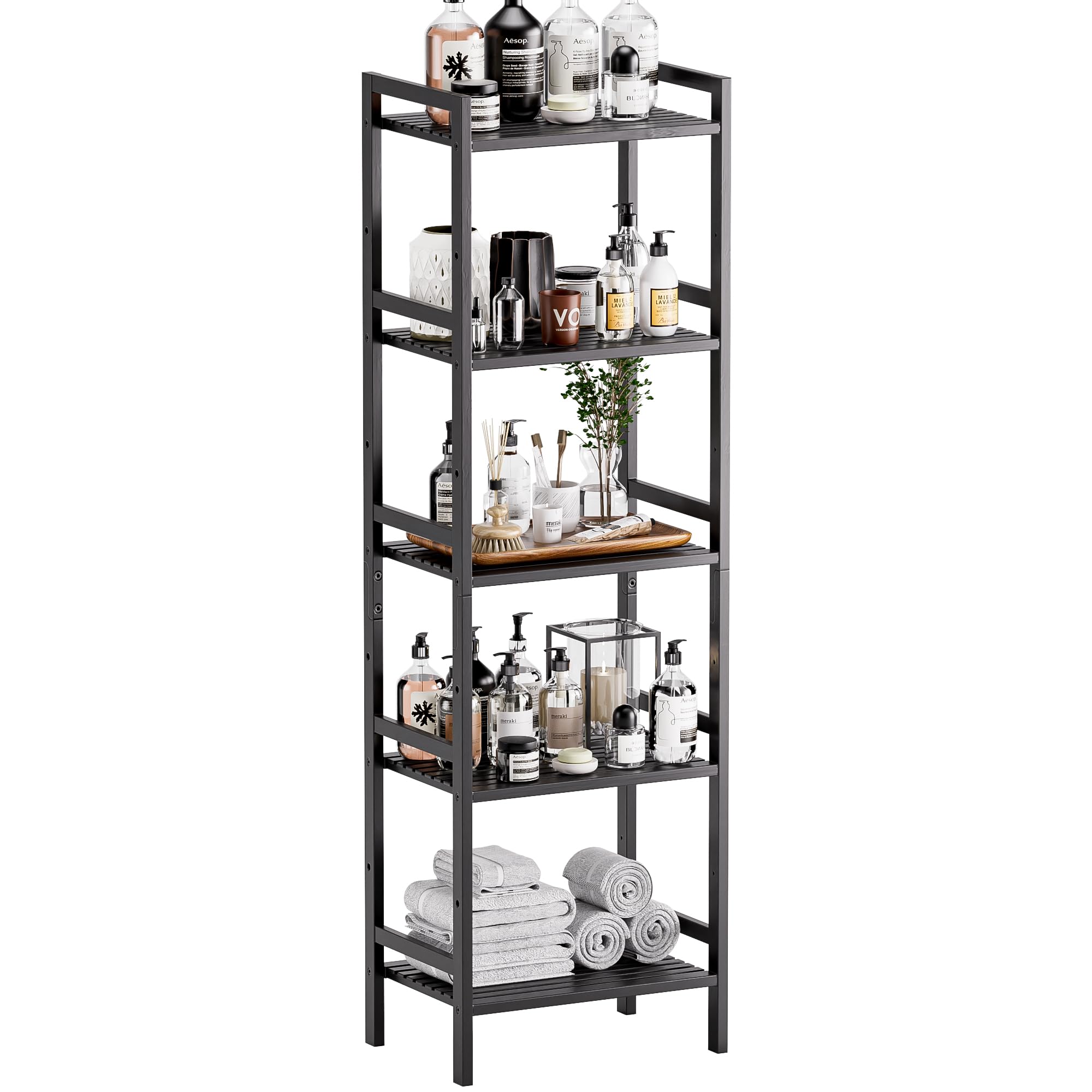 Photo 1 of HITNET 5 Tier Narrow Bookshelf, Bamboo Bookcase, Slim Tall Storage Rack Free Standing Shelving Unit with Adjustable Shelves for Living Room Bedroom Bathroom, Black
