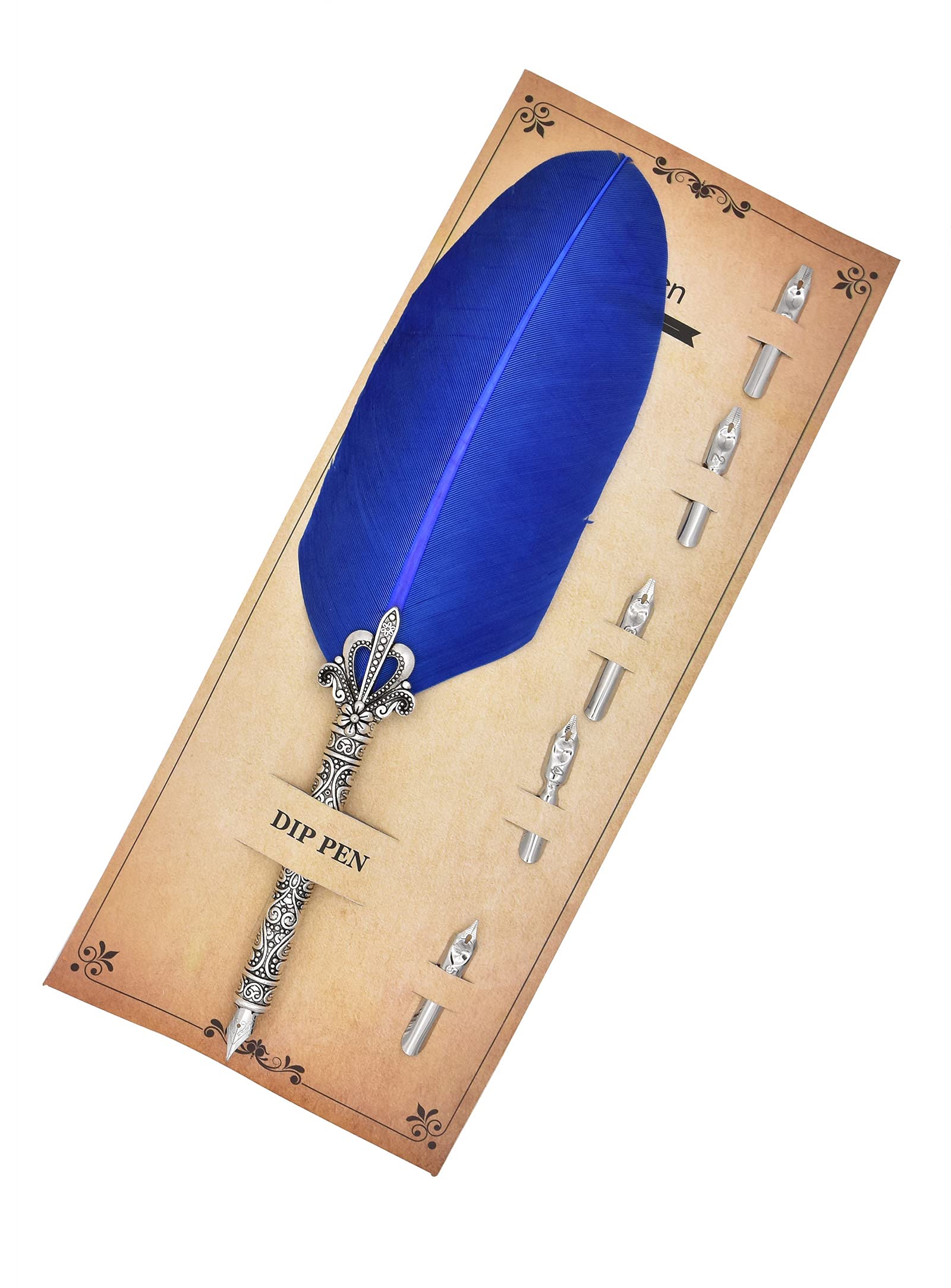 Gullor Calligraphy Feather Quill Pen and 5 Calligraphy Nibs for Beginners Kids Calligraphy Writing Quill Dip Pen Set, Blue