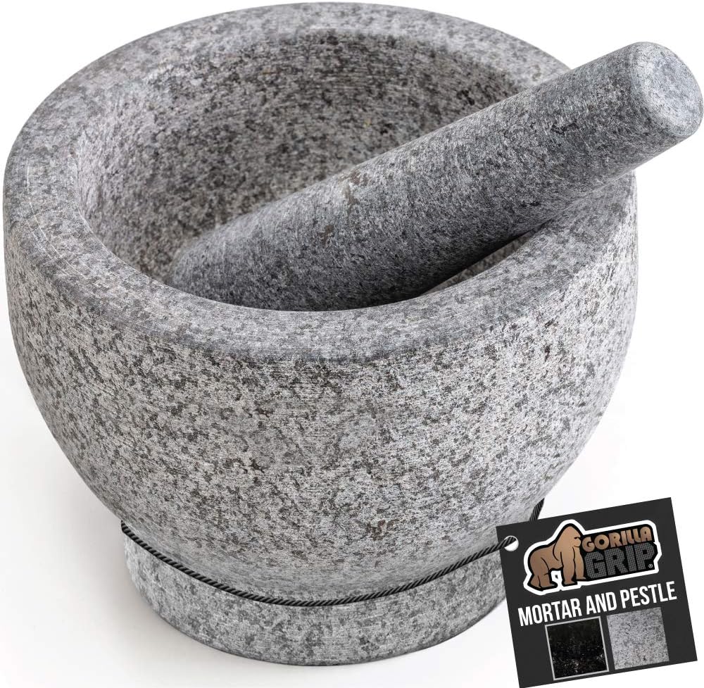 Gorilla Grip Original Mortar and Pestle Set, Slip Scratch Resistant Bottom, Heavy Duty Polished Granite Guacamole Molcajete Bowl Kitchen Spices, Herbs, Pesto Grinder, Small 5 Inch Holds 1.5 Cups, Gray: Kitchen & Dining