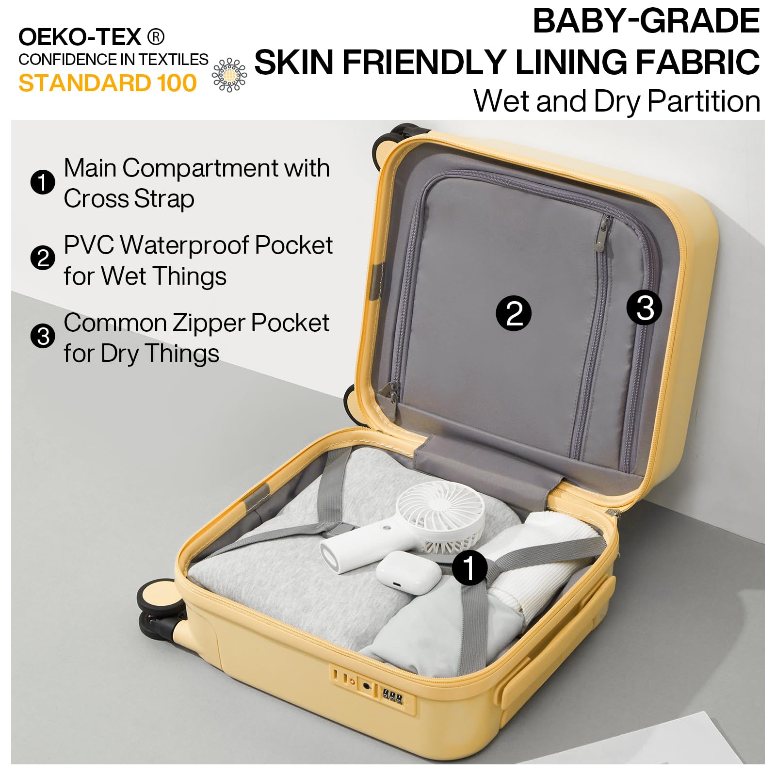 mixi 14 Inch Underseat Luggage Carry on Suitcase Free Boarding Personal Item Suitcases with Spinner Wheels Hardshell Lightweight PC for Short Travel, Lark Yellow