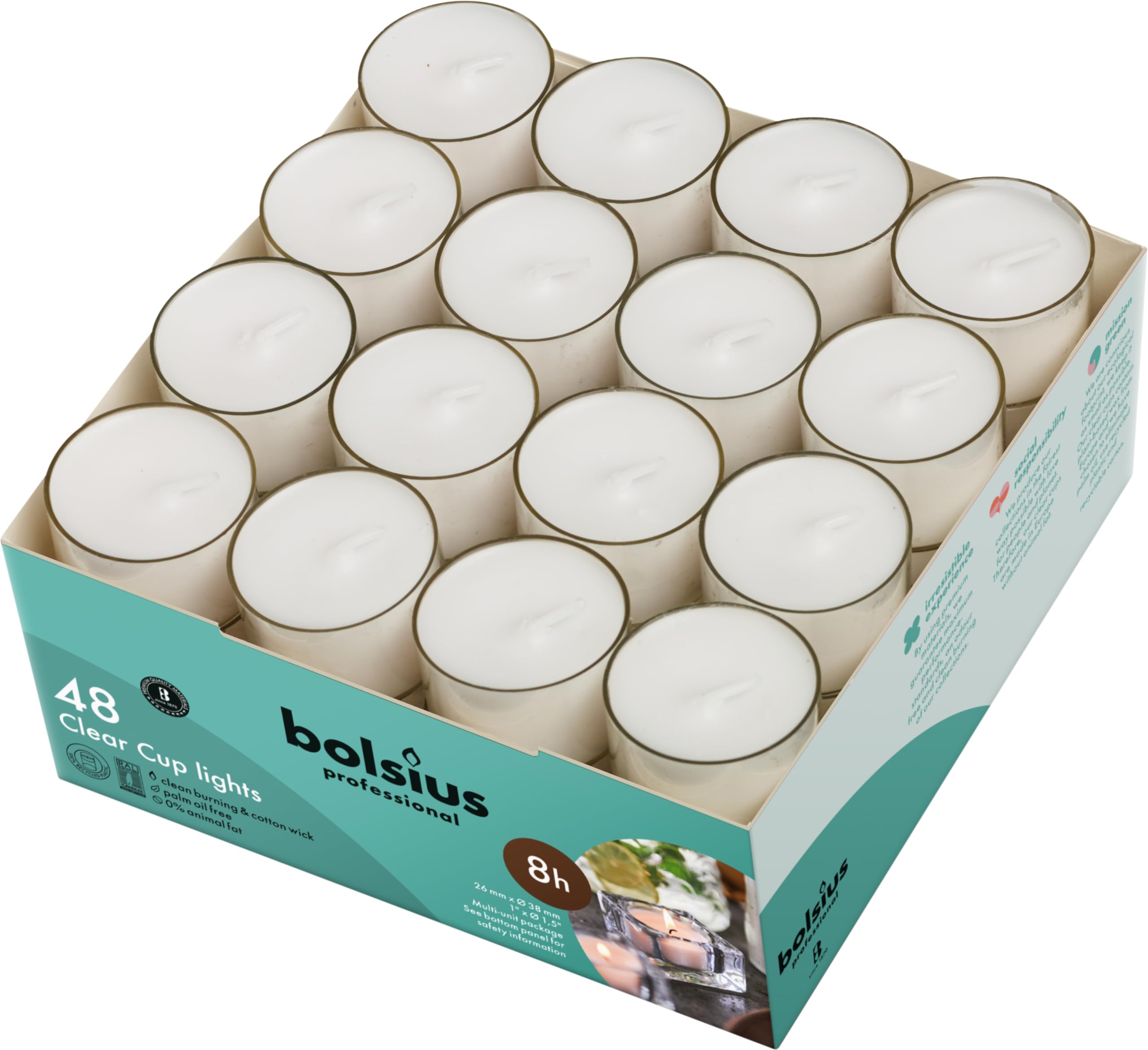 BOLSIUS Genuine Tea Light Candles in Clear Holder Cups Bulk 48 Set Long Burning 8hr, Unscented, for Mood, Dinners, Parities, Home, Decoration, Wedding, Crafts, White