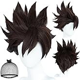 IMEYLE Short Brown Wigs for Men Brown Spiky Wigs for Party Outfit Wavy Synthetic Cosplay for Halloween Costume Anime Christmas+ Hair Cap