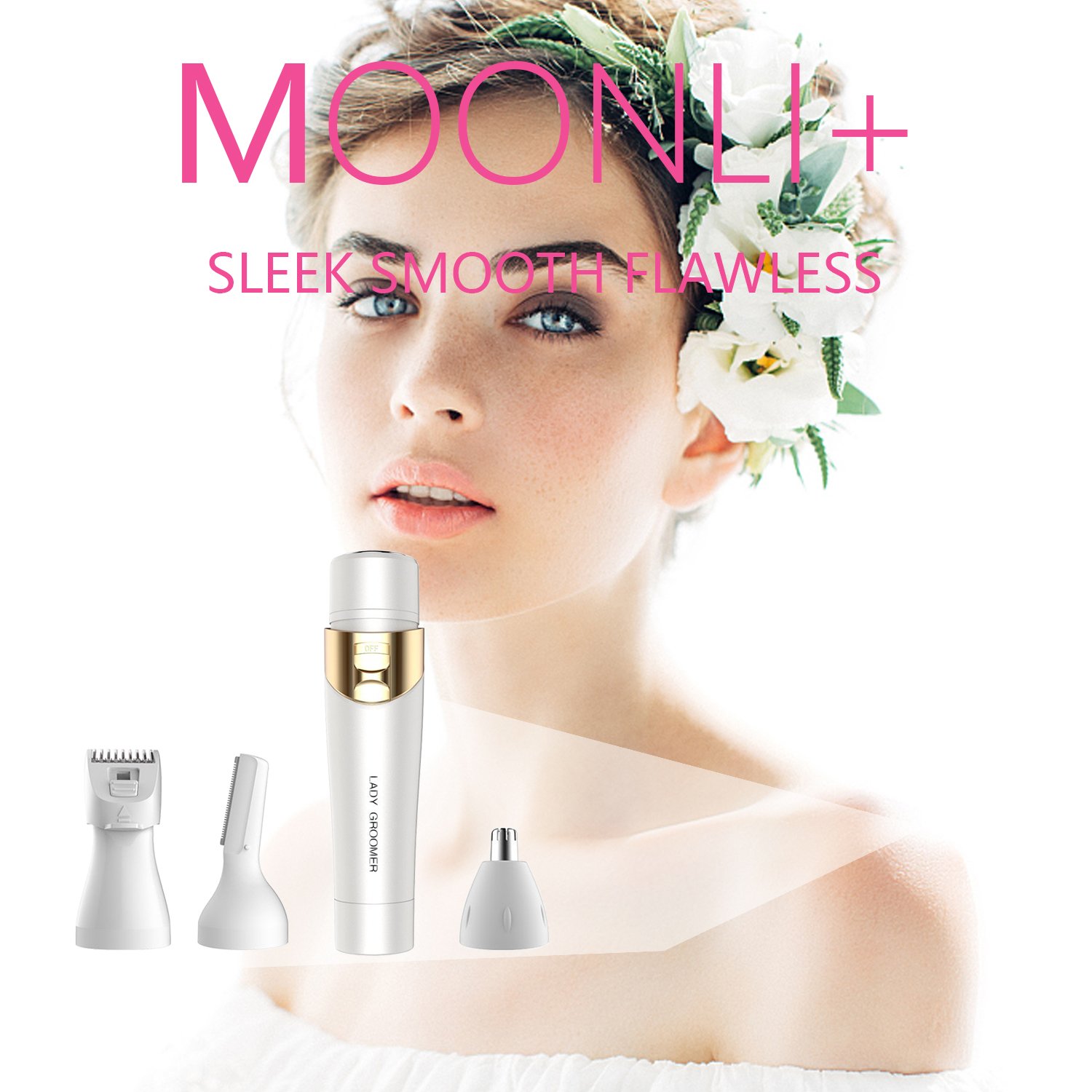 Hair Shaver for Women Bikini Electric Facial Hair Removal Ladies Razor Epilator Nose Hair Remover Kit Pubic Hair Trimmer for Women Bikini Face Eyebrow Body Armpit Leg Moonli 4 in 1 Waterproof Groomer
