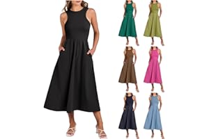 ZWRXW Womens Summer Dresses 2024 Casual Sleeveless Midi Sundress Knit High Neck Tank Top Racerback Flowy Dresses with Pockets