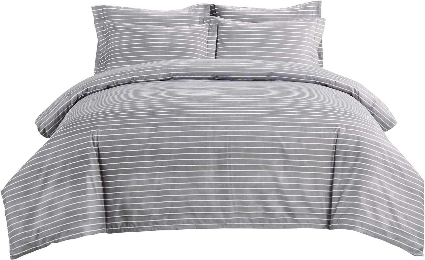 DelbouTree Striped Duvet Cover Set,Microfiber Bedding Set,Comforter Cover with Corner Ties,King Grey