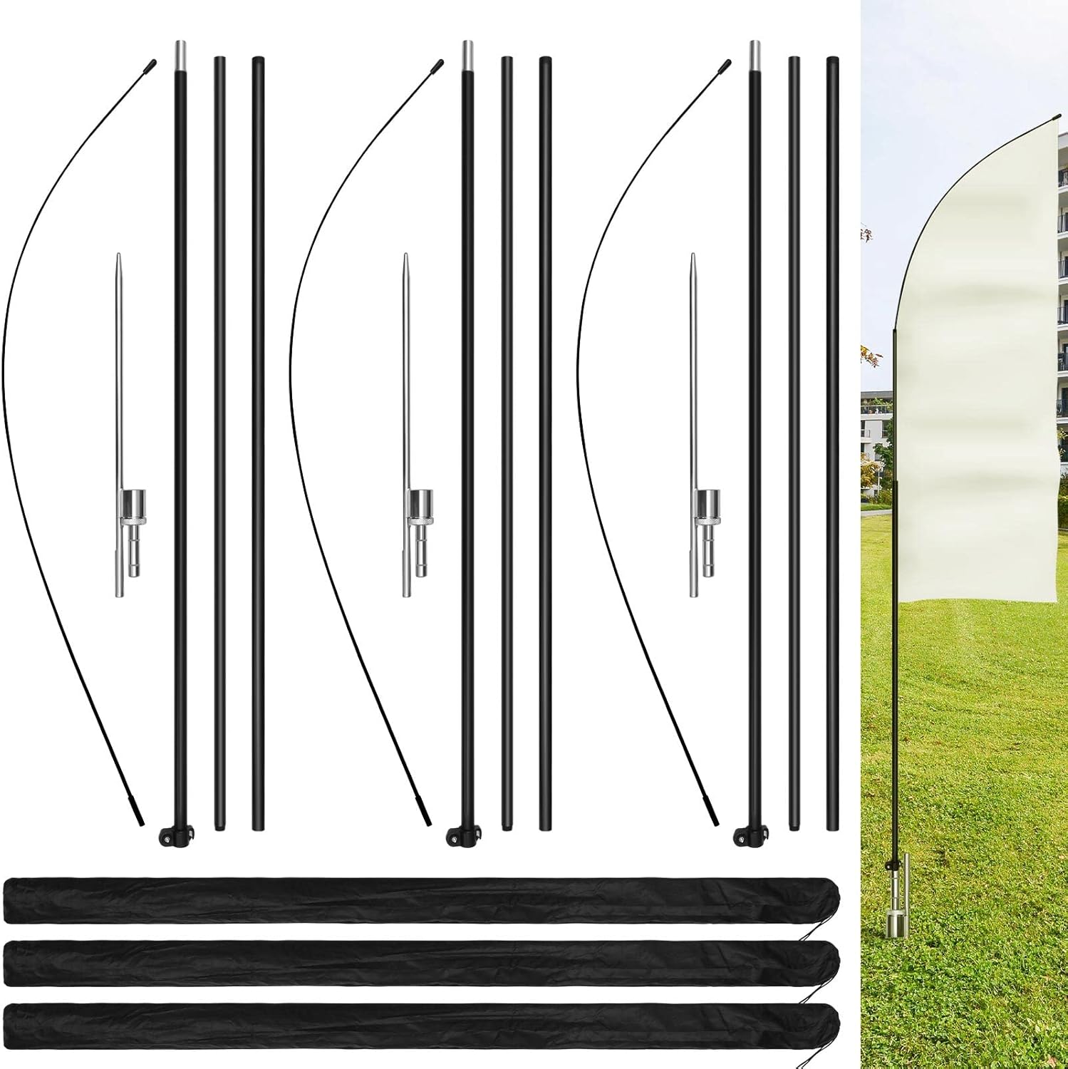 Flagpole Hardware - Tatuo 3 Sets Advertising Flag Pole with Ground Mounting Stake, 14 ft Feather Flag Bundles Windless Flagpole Aluminum with Storage Bag for Sign Businesses Storefronts Advertising Flags Banner Outdoor