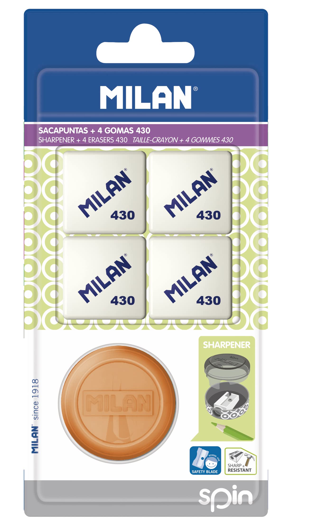 Blister sacapuntas Spin + 4 gomas de borrar de miga de pan 430