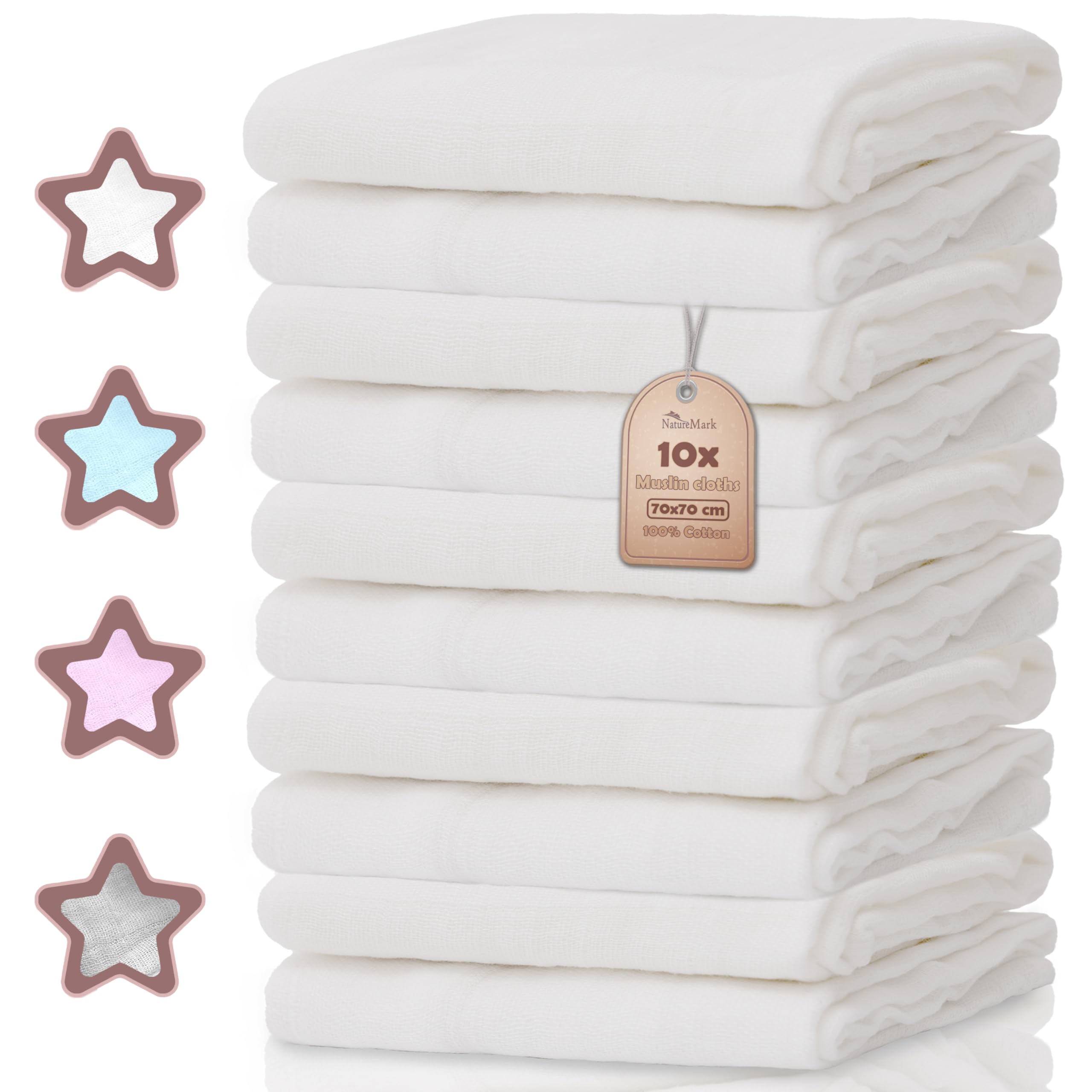 NatureMark 10-Pack Baby Muslin Cloths - 100% Cotton - Soft and Absorbent Cloths for Nursing & Baby Care, Diapers, Swaddles & Washcloths - White, 70 x 70 cm