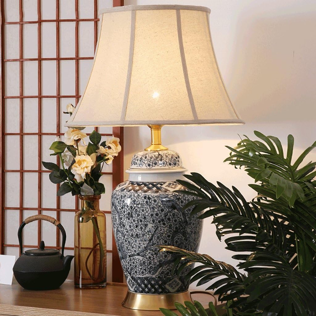 Ywyun New Chinese Vintage Blue and White Porcelain Table Lamp, Luxury Antique Brass Table Lamp, Simple Fabric Lampshade, Stylish Home Living Room Bedroom Study Lighting (Color : B)