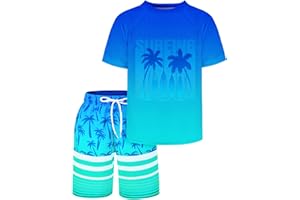 PAMAID Boys Two Piece Rash Guard and Swim Trunks Outfit Set Kids Short Sleeve Swimsuit
