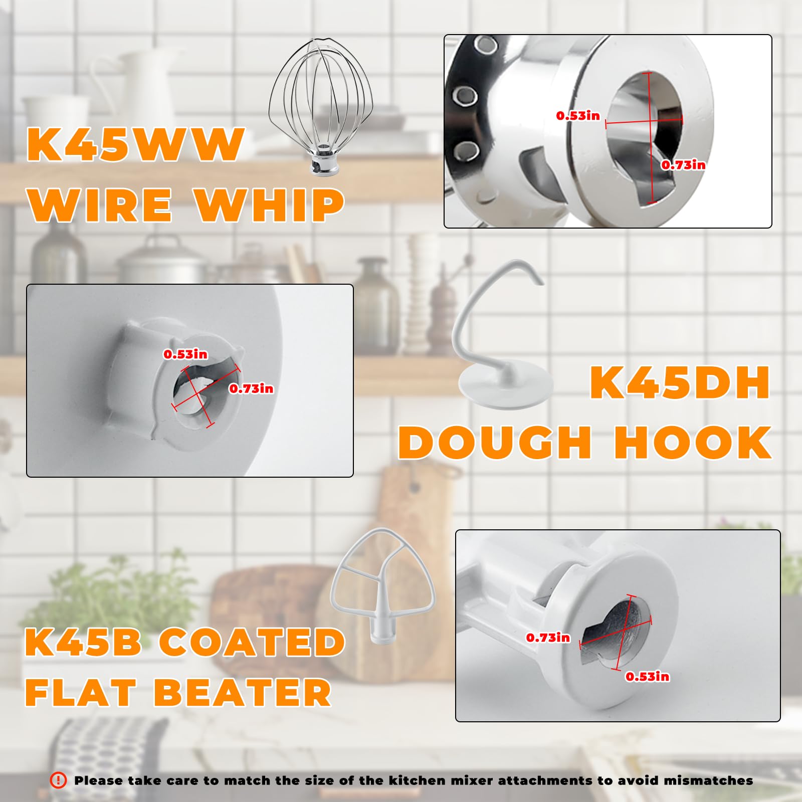 Stand Mixer Attachments 3-Piece Kit -Replace for Kitche.n aid Accessories K45WW Wire Whip/ K45DH Dough Hook /K45B Coated Flat Blade Paddle with Scraper -Stainless Steel by TOMOON