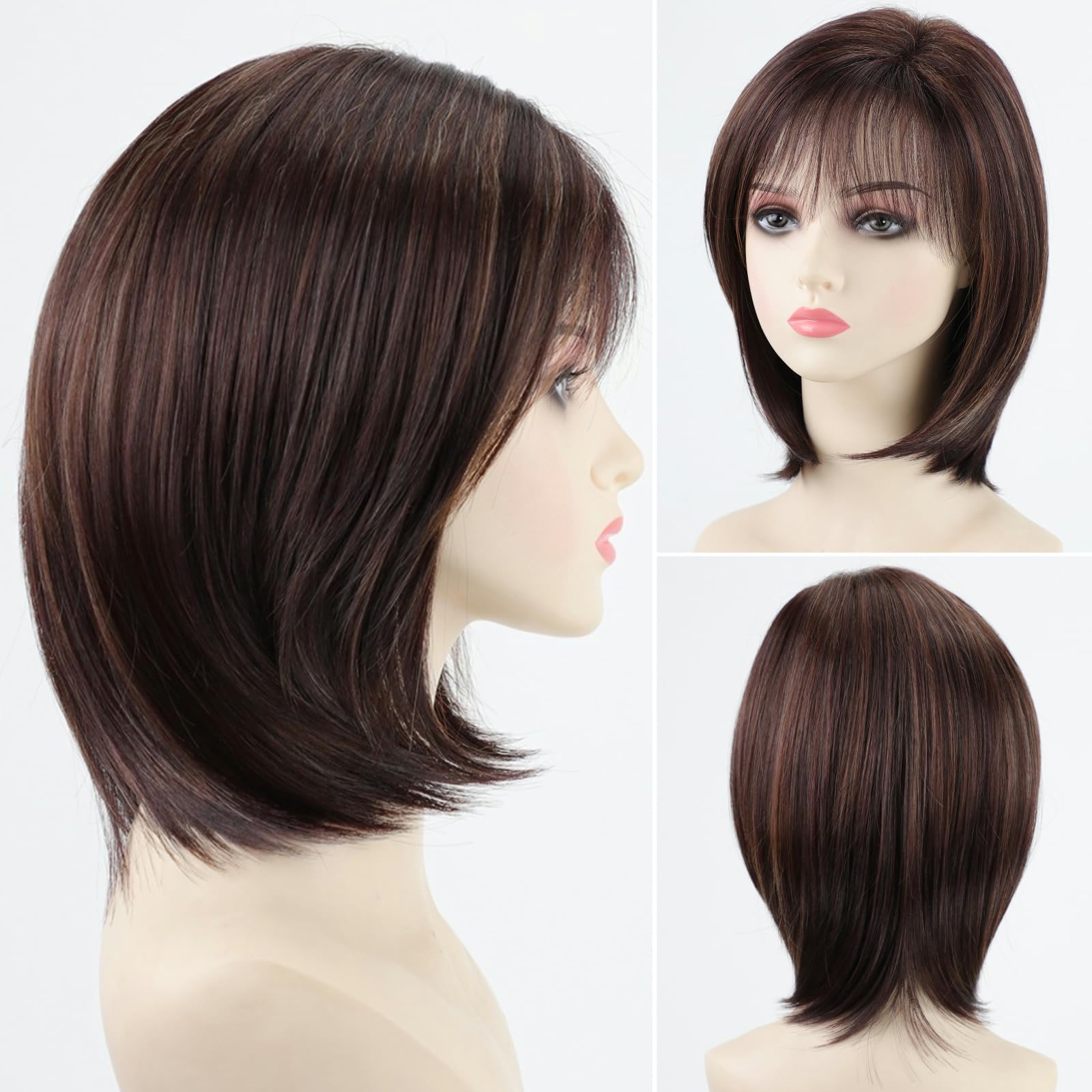 Photo 1 of RENERSHOW Layered Brunette Bob Wig with Bangs for White Women Short Mixed Brown Highlight Bob Wigs Natural Synthetic Daily Party Wig