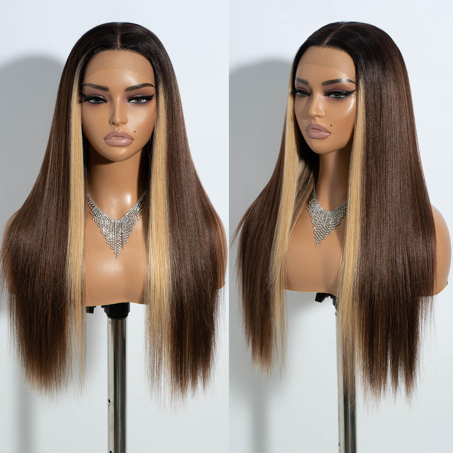 Joedir 13x4x4 Lace Frontal Wig Long Straight Free Parting Silk Base Lace Wigs 26 Inches Highligts Brown Straight Wig Synthetic Lace Front Wigs for Women Daily Party Wear