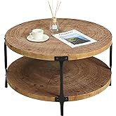 Awescuti Round Boho Wood Coffee Table - 29.1" Farmhouse Natural Circle Wooden 2-Tier Coffee Tables Living Room Furniture, 29.