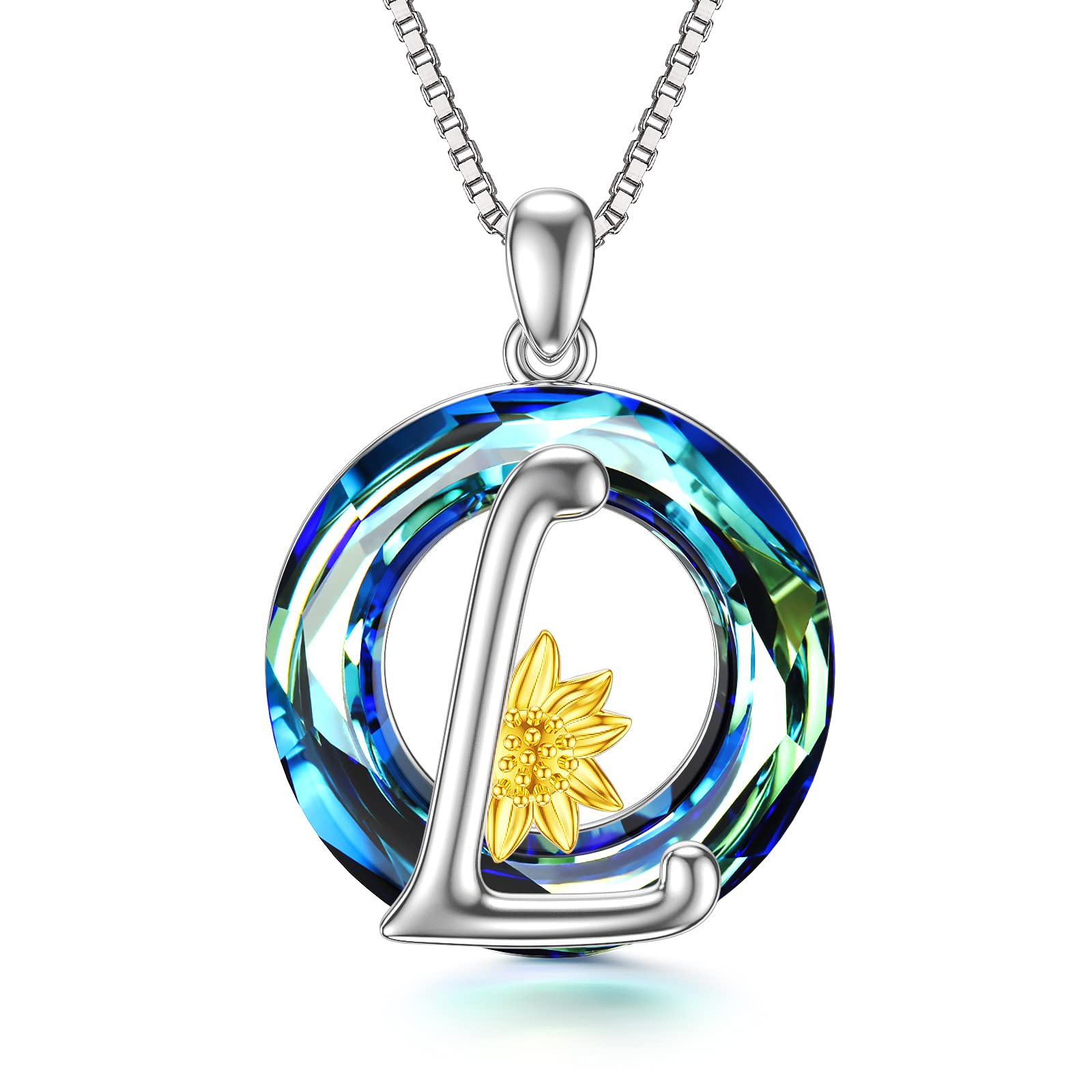 Midir&Etain Sunflower Initial Necklace 925 Sterling Silver Letter L Pendant Name Necklace Crystal Alphabet Personalised Jewellery Gifts for Women Girls