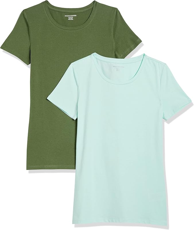 Damen T-Shirt mit kurzen Ärmeln und Rundhalsausschnitt in normaler Passform, 2er-Pack, Armeegrün/Minzgrün, S — Foto 1 von 8