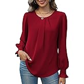Funlingo Womens Tops Dressy Casual Smocked Long Sleeve Shirts Crew Neck Loose Chiffon Tunics Office Work Blouses