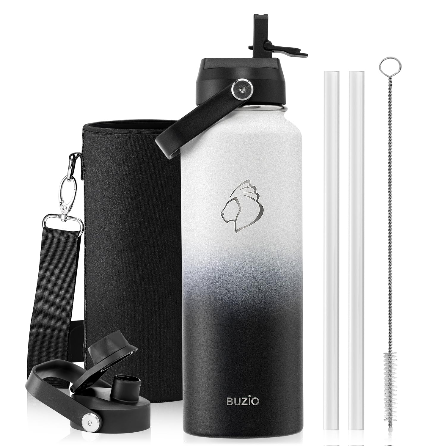 Photo 1 of BUZIO Insulated Water Bottle with Straw Lid and Flex Cap, 40oz Modern Double Vacuum Stainless Steel Water Flask, Cold for 48 Hrs Hot for 24 Hrs Simple Thermo Canteen Mug, White and Black