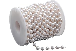 UMAOKANG 32.8 Feet Faux Pearl Brass Chain for Jewelry Making 6mm Pearl Beads Chains Bulk for DIY Necklace Bracelet Choker Jewelry Making Chains