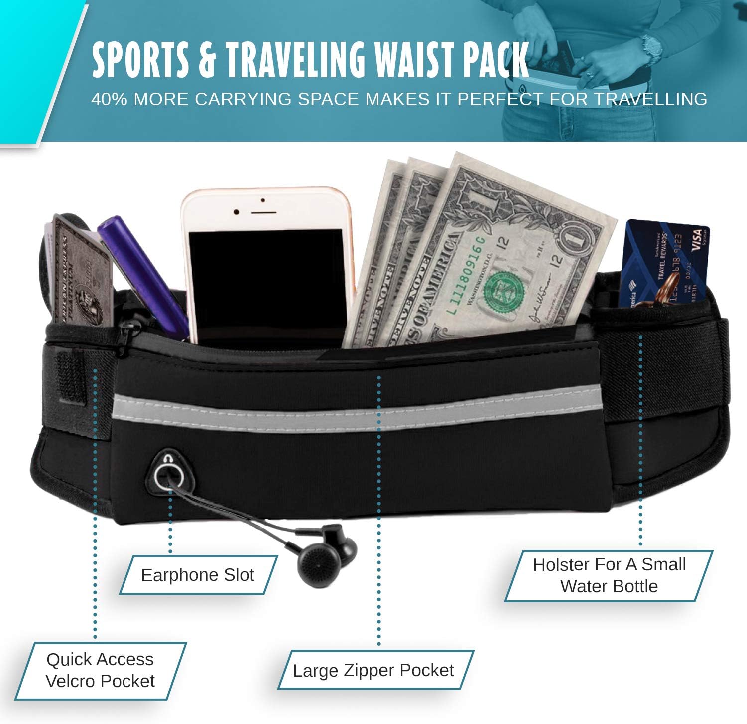 E Tronic Edge Waist Packs: Best Comfortable Unisex Running Belts That Fit All Waist Sizes & All Phone Models for Running, Hiking, Workouts, Cycling, Travelling Money Belt & More, Black : Sports & Outdoors