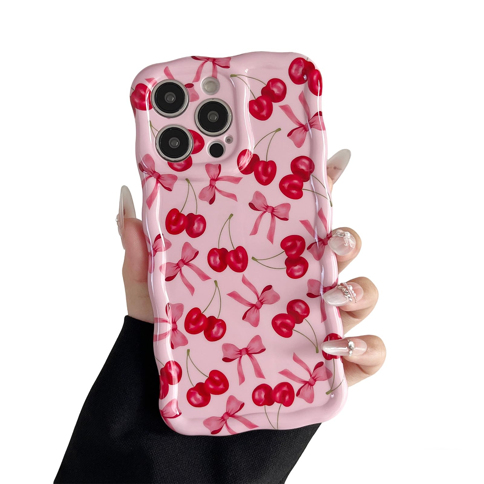 branple Compatible with iPhone 14 Pro Max Case, Cute Wave Curly Pink Cherry Bow Phone Case for Women, Soft TPU Shockproof Protection Cover Designed for iPhone 14 Pro Max 6.7 inch